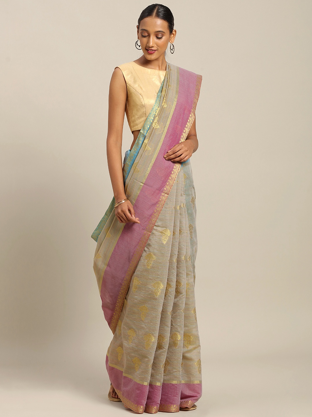 

SANGAM PRINTS Grey & Gold-Toned Pure Cotton Woven Design Handloom Taant Saree