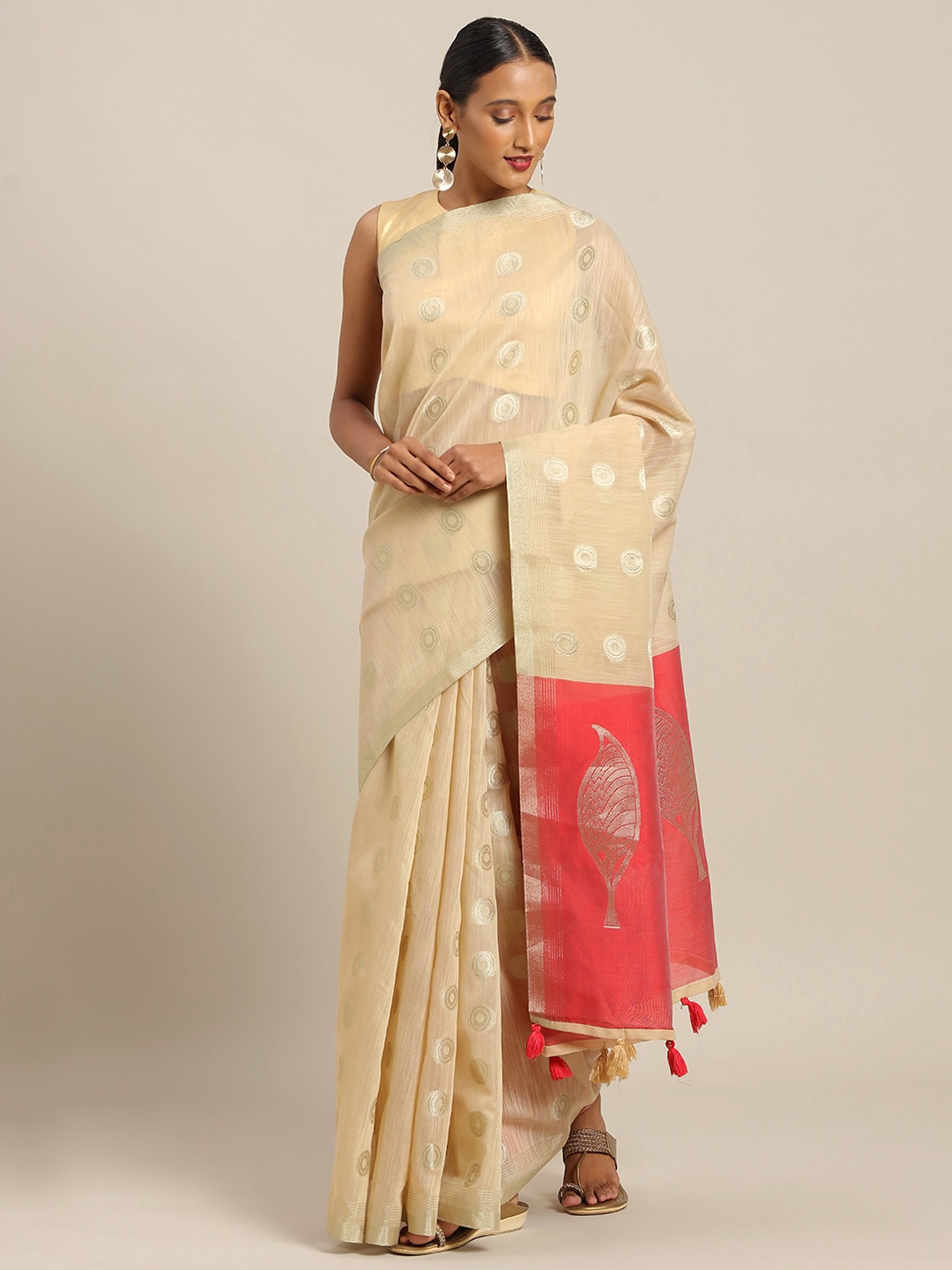 

SANGAM PRINTS Cream-Coloured & Red Linen Blend Woven Design Saree