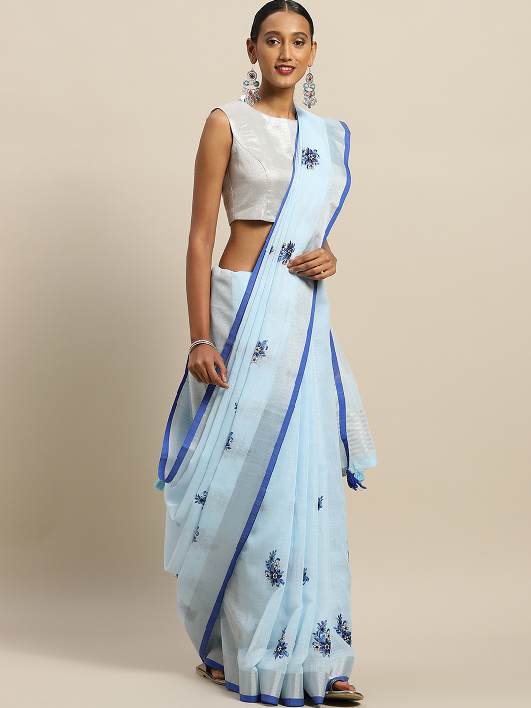 

SANGAM PRINTS Blue Linen Blend Embroidered Kota Handloom Saree