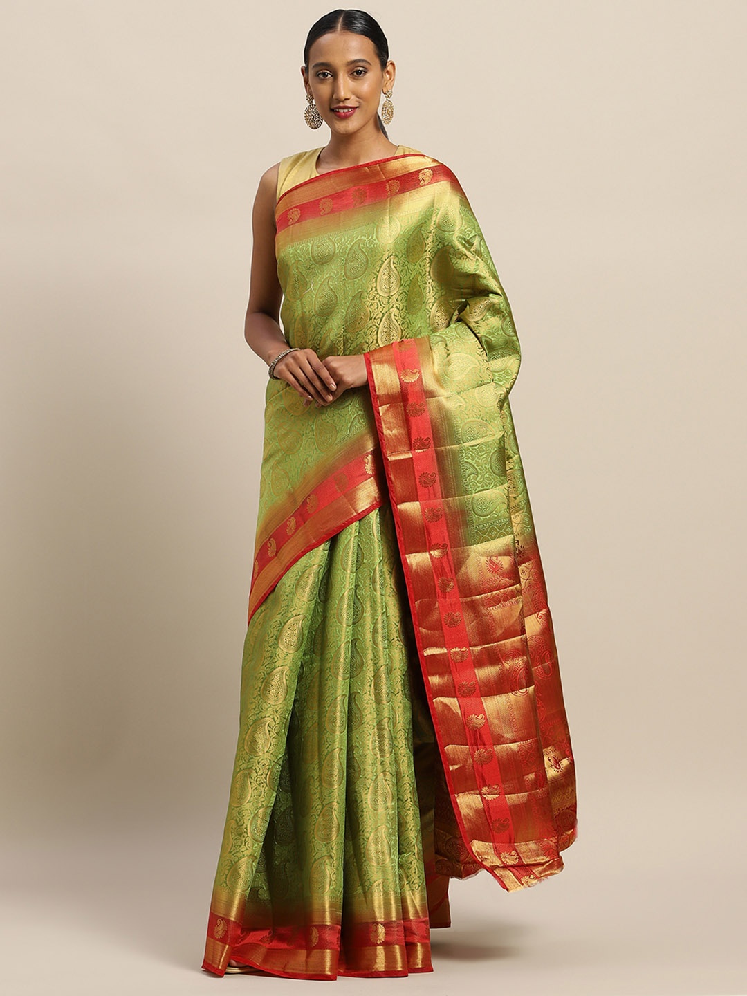 

SANGAM PRINTS Green & Red Pure Silk Woven Design Jacquard Maheshwari Saree
