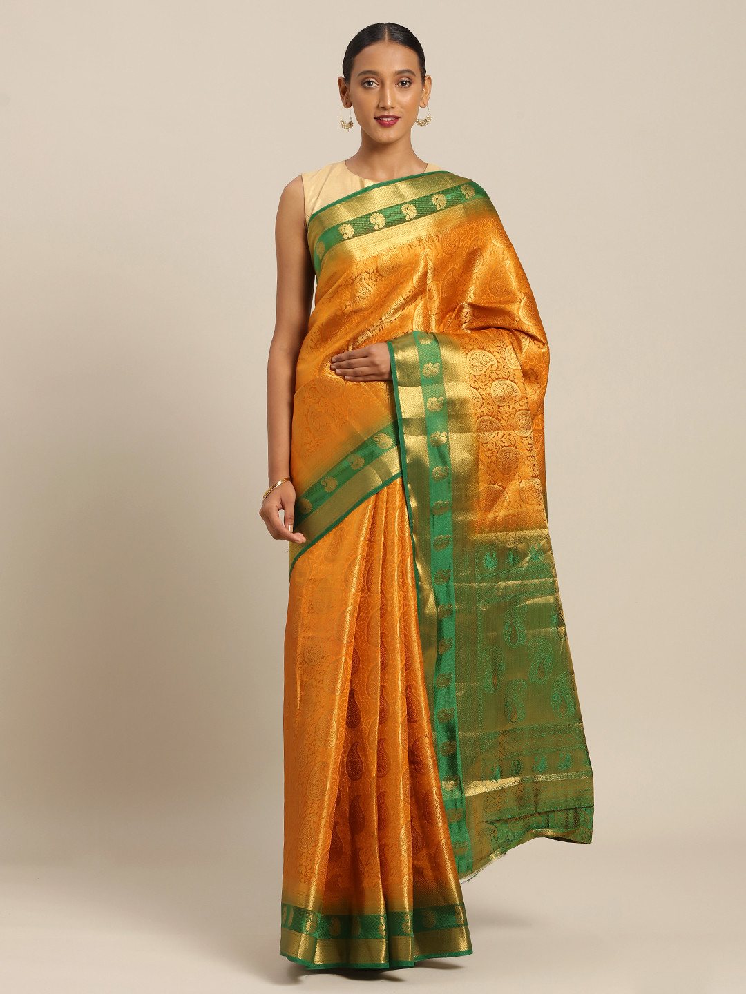 

SANGAM PRINTS Mustard Yellow & Green Pure Silk Woven Design Saree