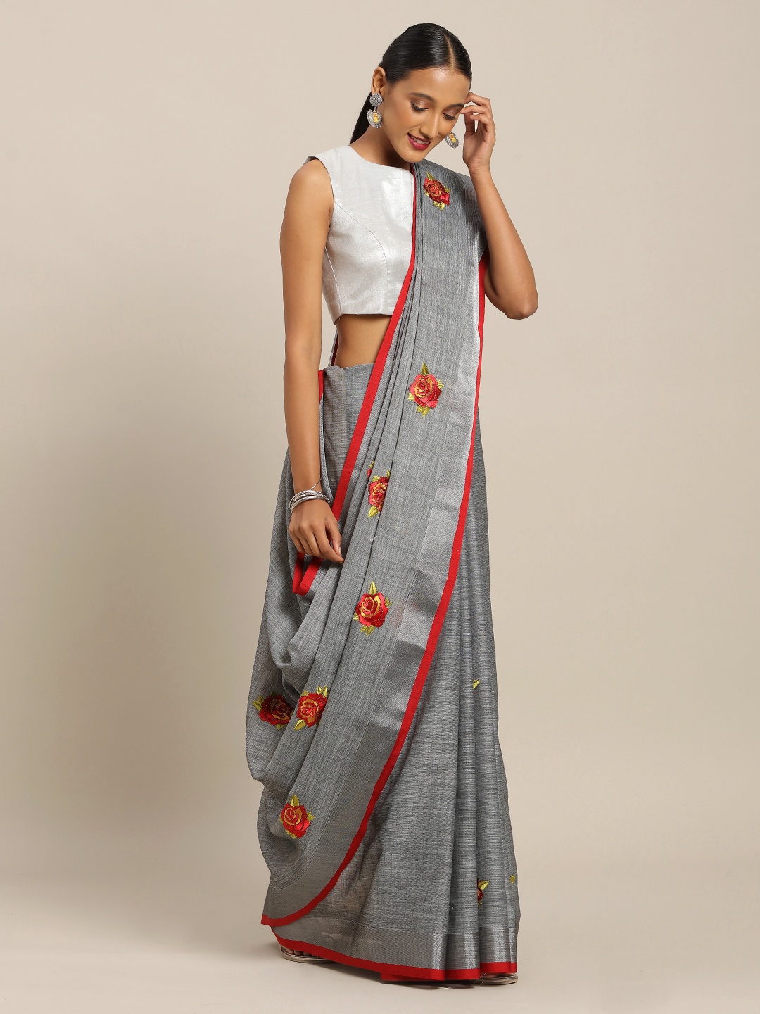 

SANGAM PRINTS Grey & Red Linen Blend Embroidered Handloom Kota Saree