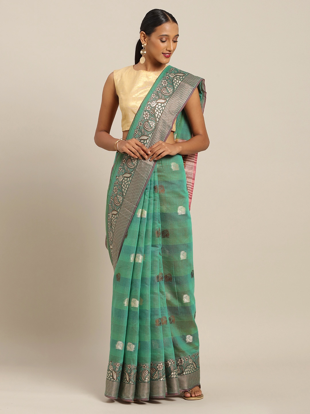 

SANGAM PRINTS Green & Brown Pure Cotton Woven Design Handloom Saree