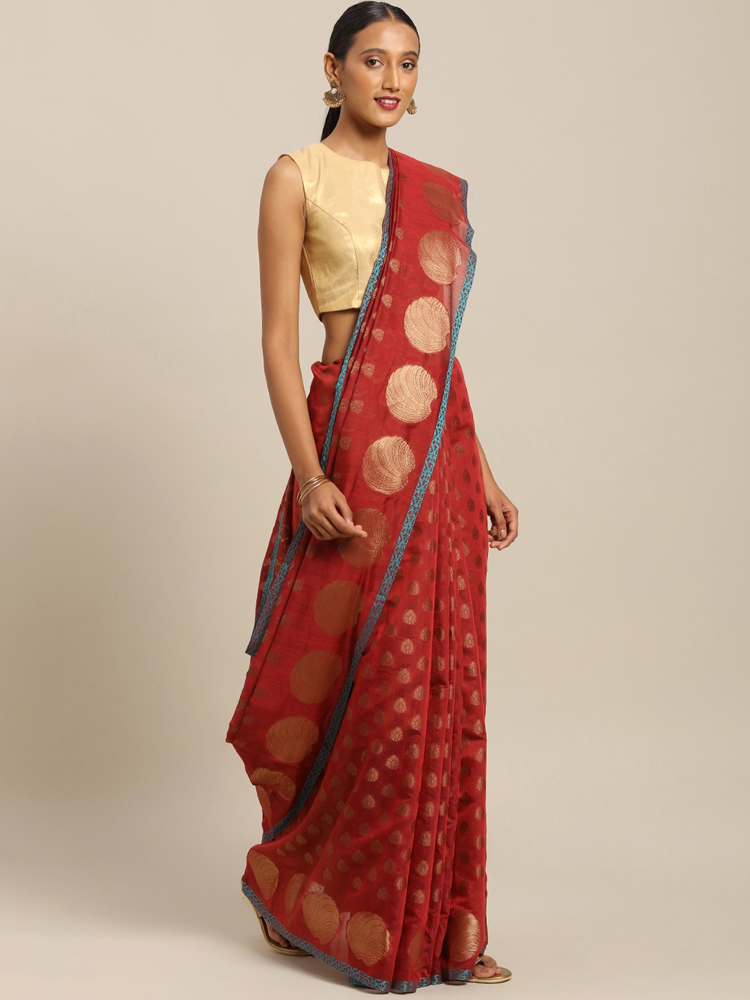 

SANGAM PRINTS Maroon & Gold-Coloured Silk Cotton Woven Design Handloom Saree