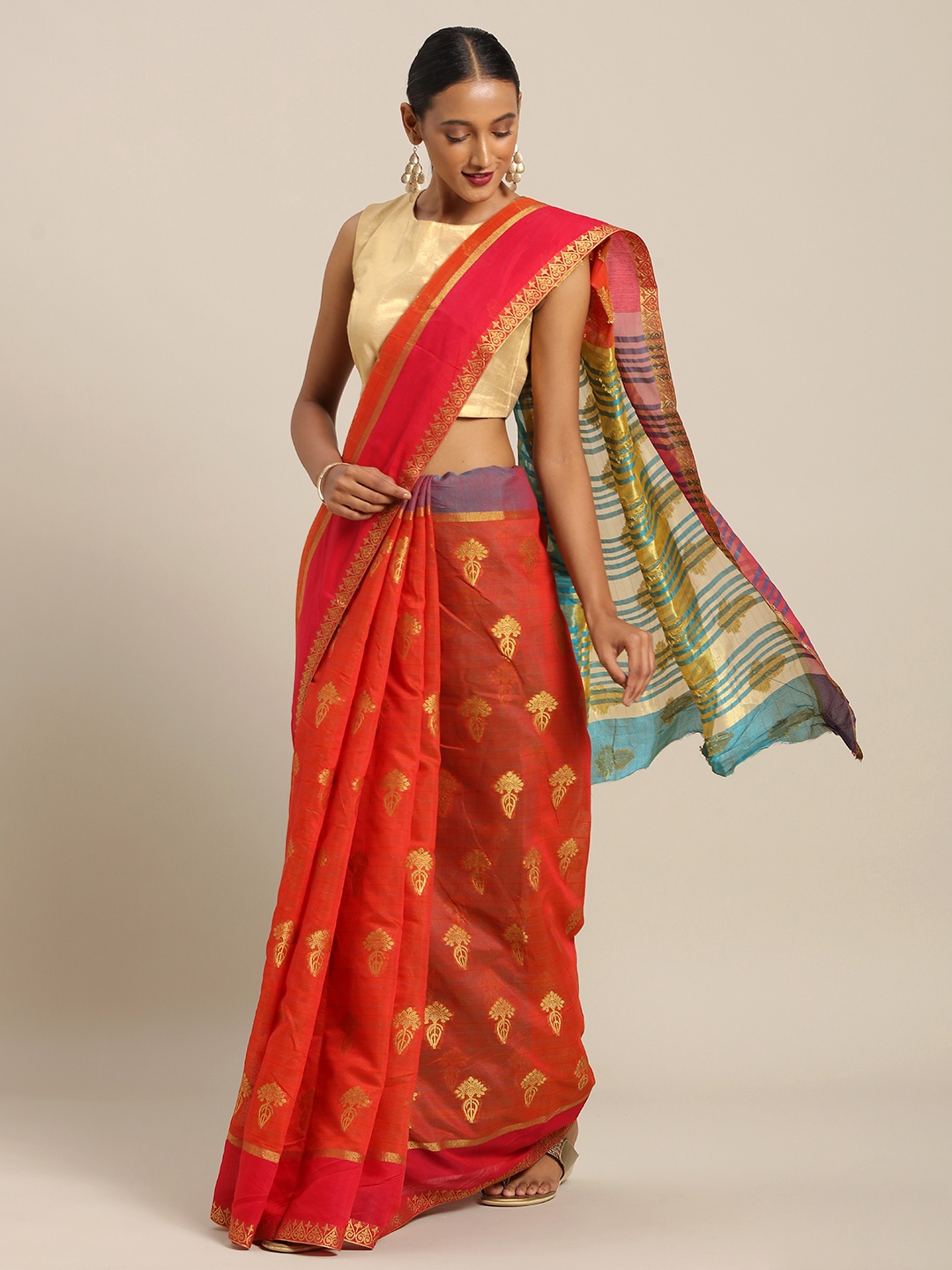 

SANGAM PRINTS Red & Golden Pure Cotton Woven Design Handloom Taant Saree