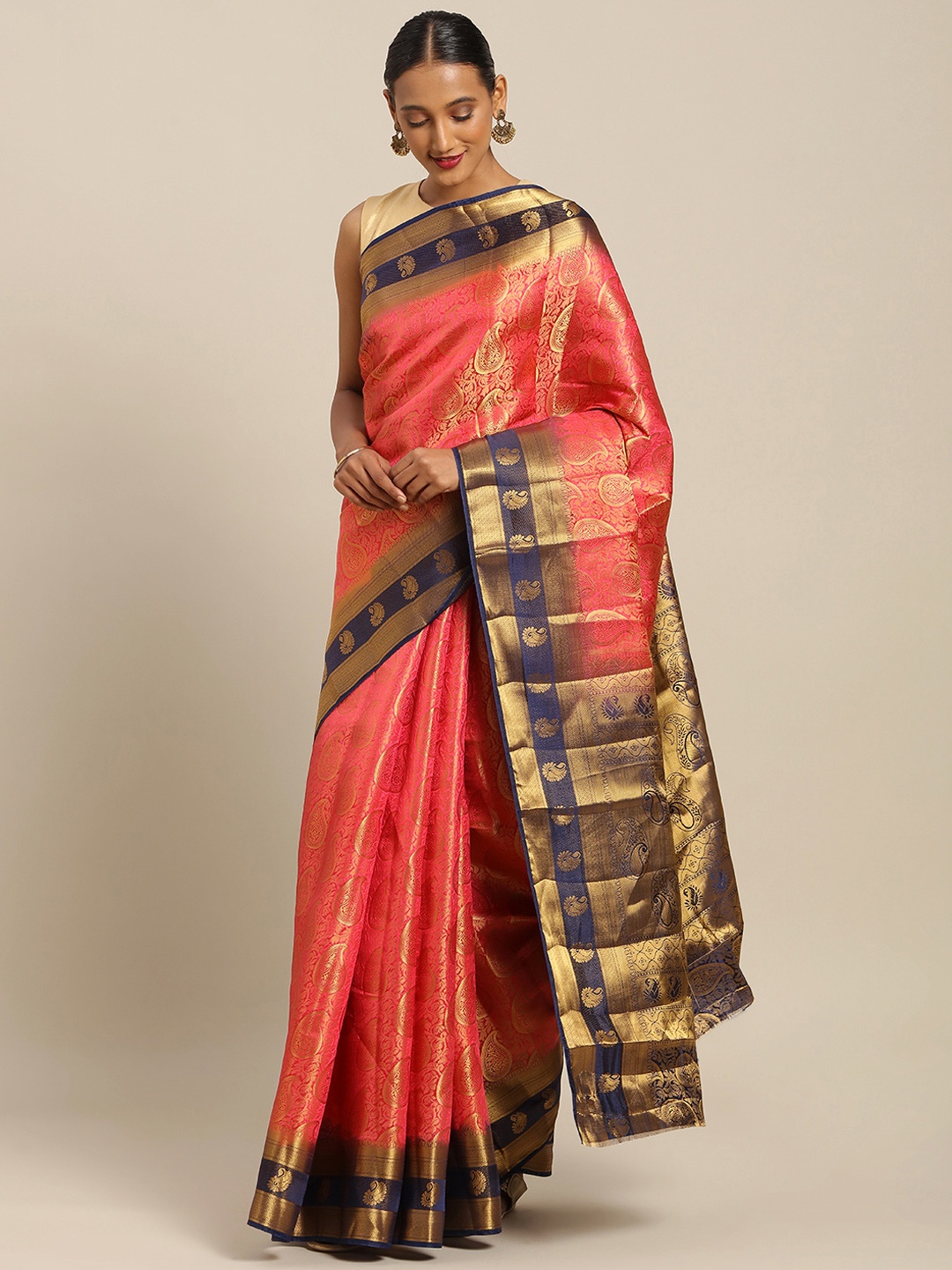 

SANGAM PRINTS Pink & Navy Blue Pure Silk Woven Design Handloom Maheshwari Saree