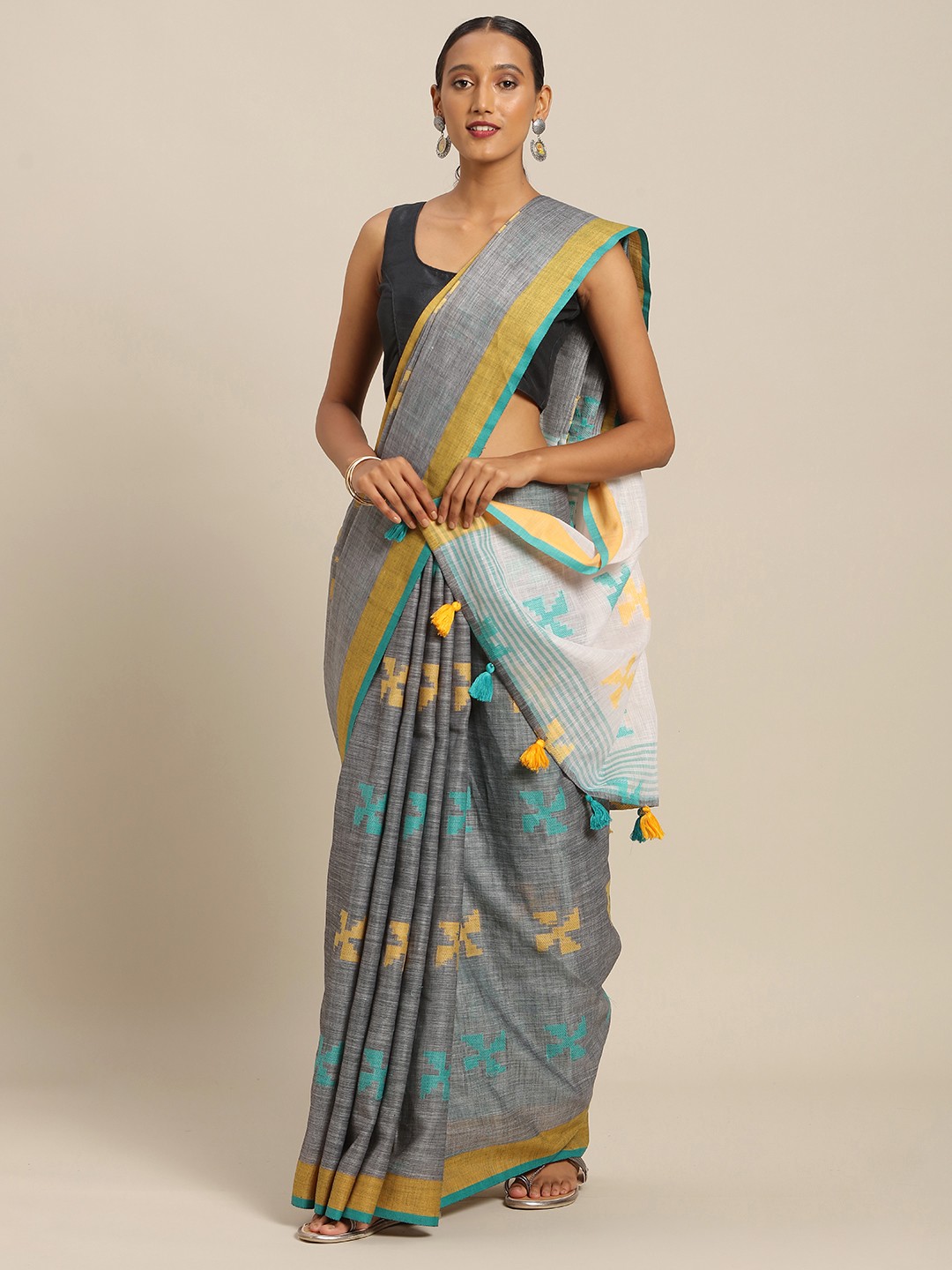 

SANGAM PRINTS Grey & Blue Linen Blend Woven Design Handloom Saree