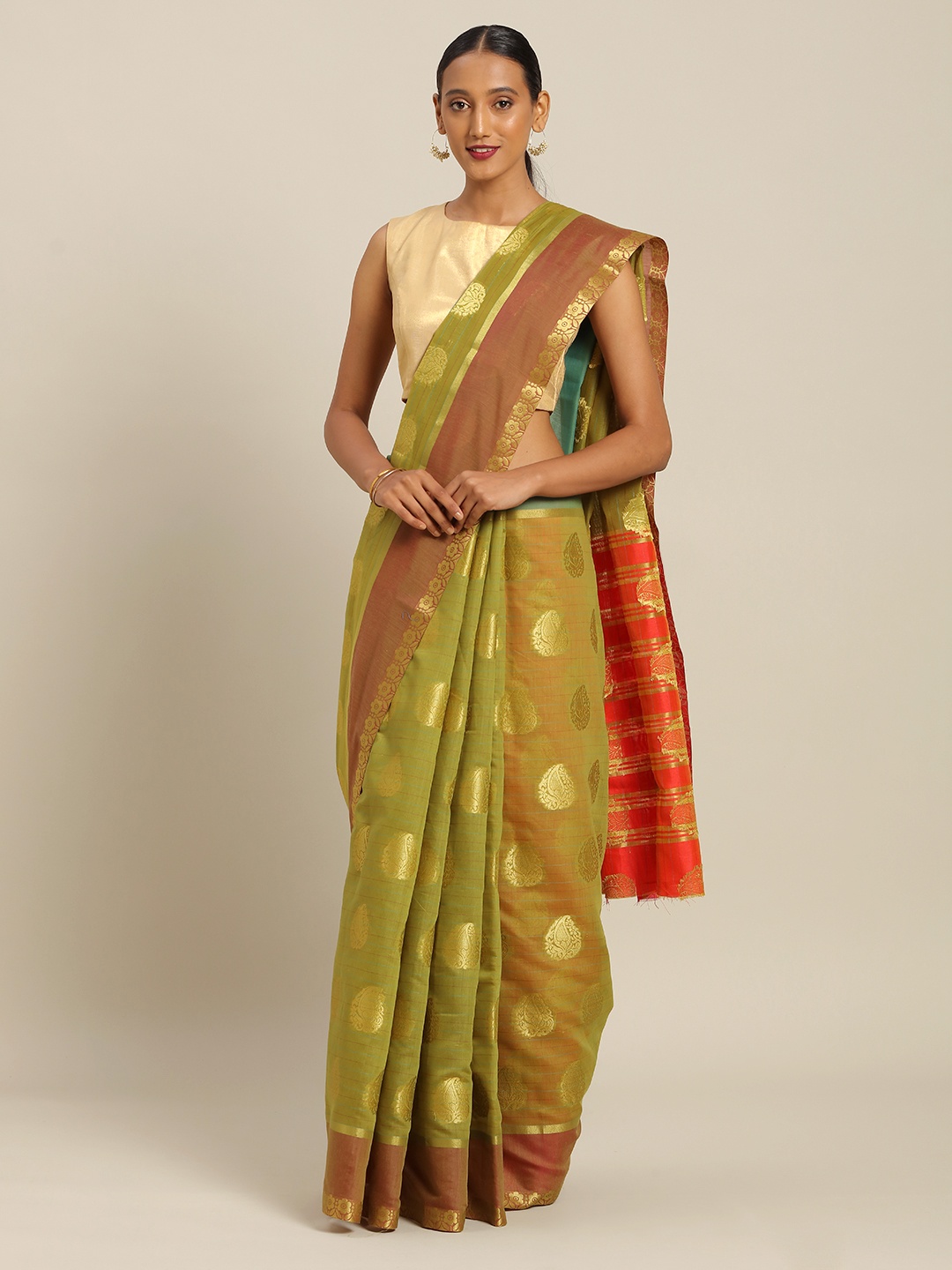 

SANGAM PRINTS Green & Pink Pure Cotton Woven Design Handloom Taant Saree