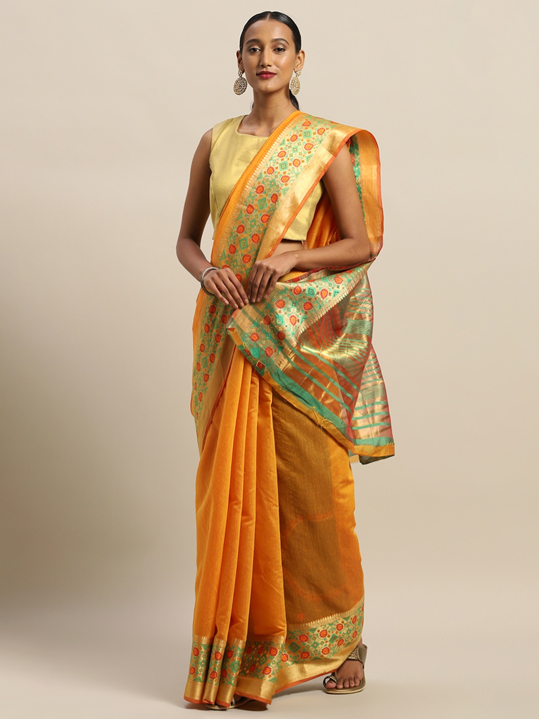 

SANGAM PRINTS Mustard Yellow & Green Handloom Silk Cotton Solid Saree