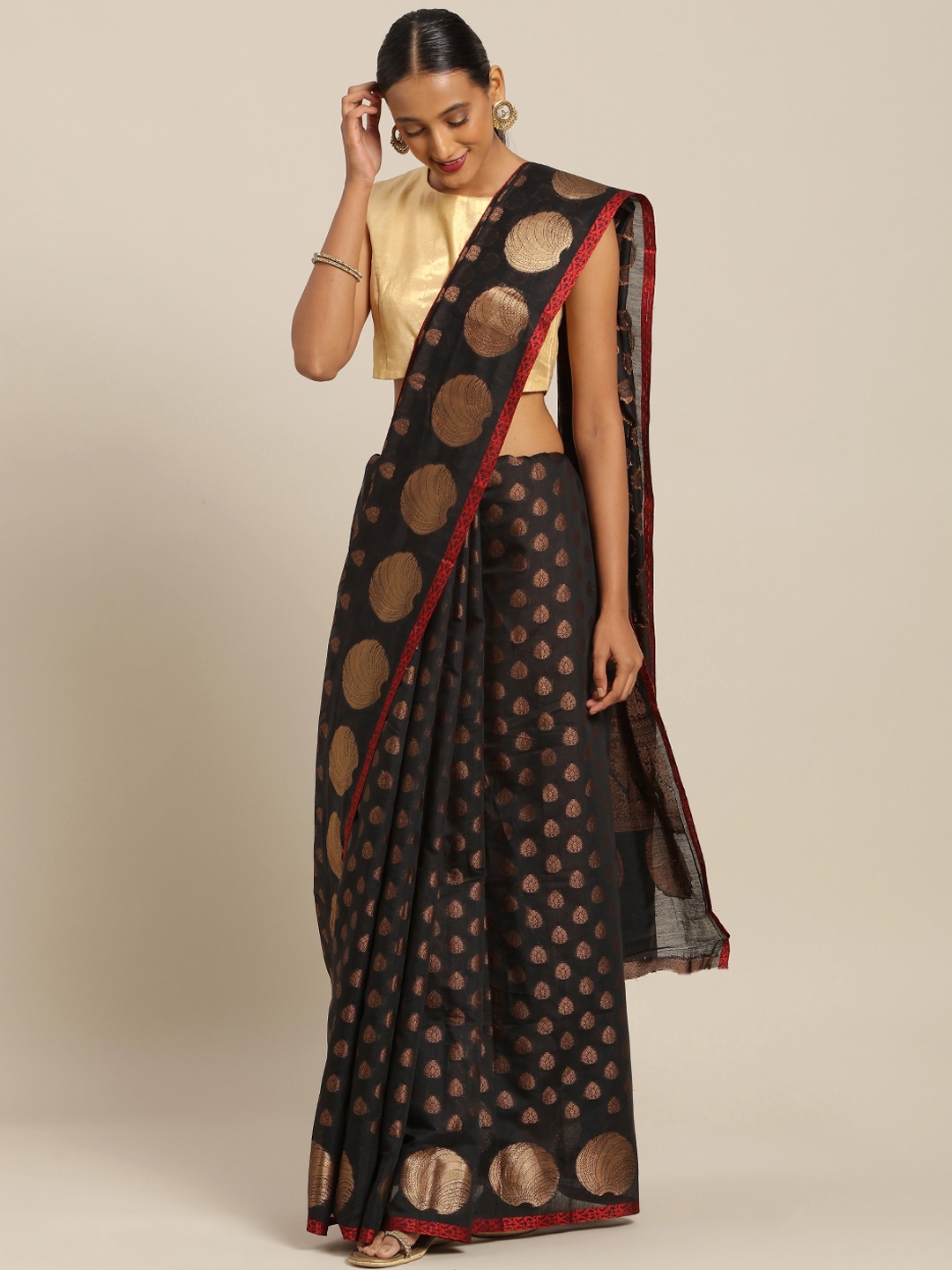 

SANGAM PRINTS Black & Gold-Coloured Silk Cotton Woven Design Handloom Saree