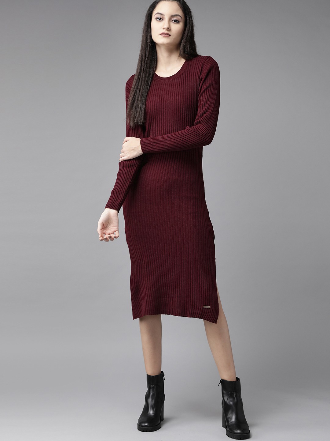 

Roadster Women Burgundy Ribbed Sweater Dress