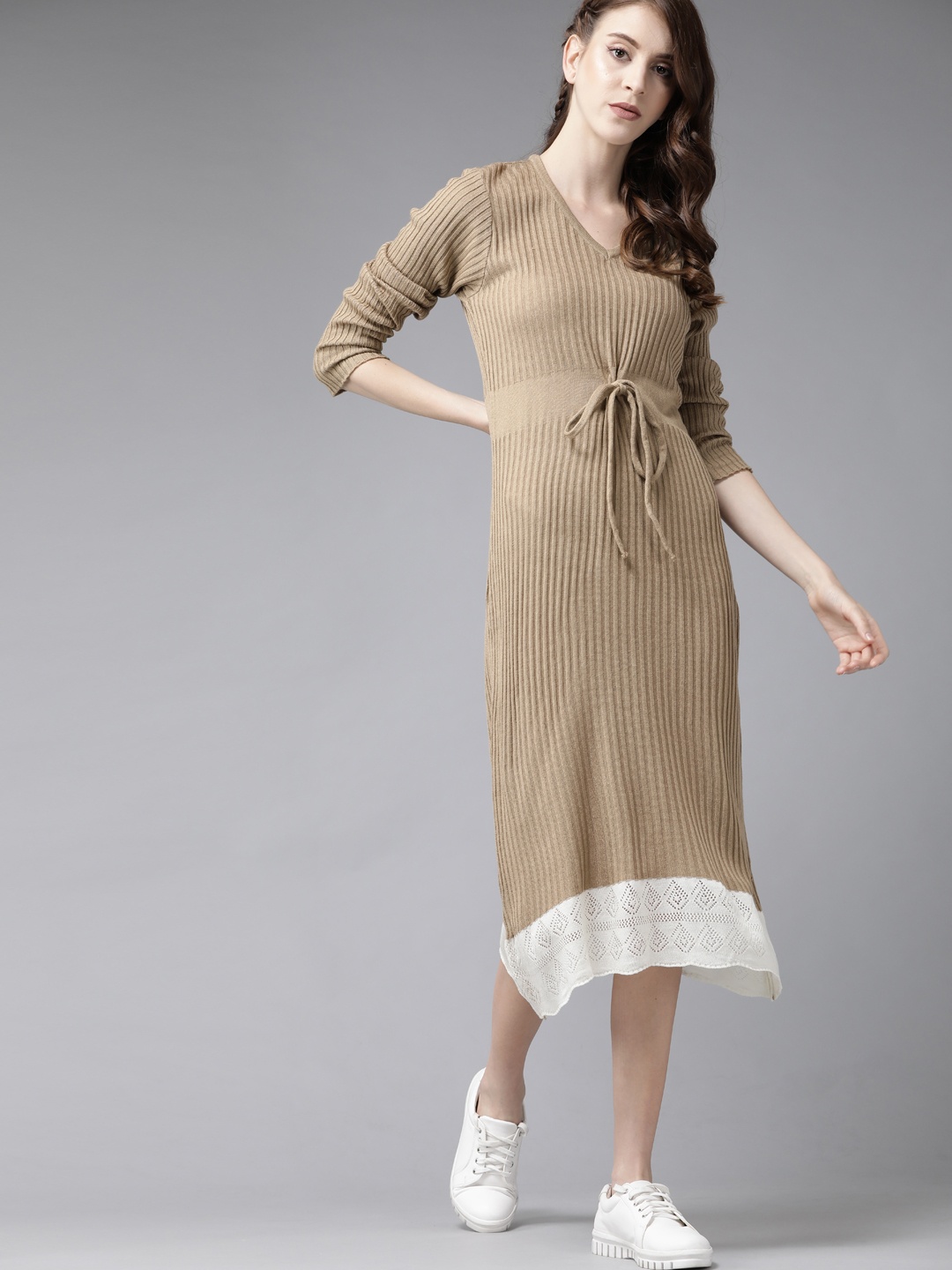 

Roadster Women Beige Ribbed Jumper Dress