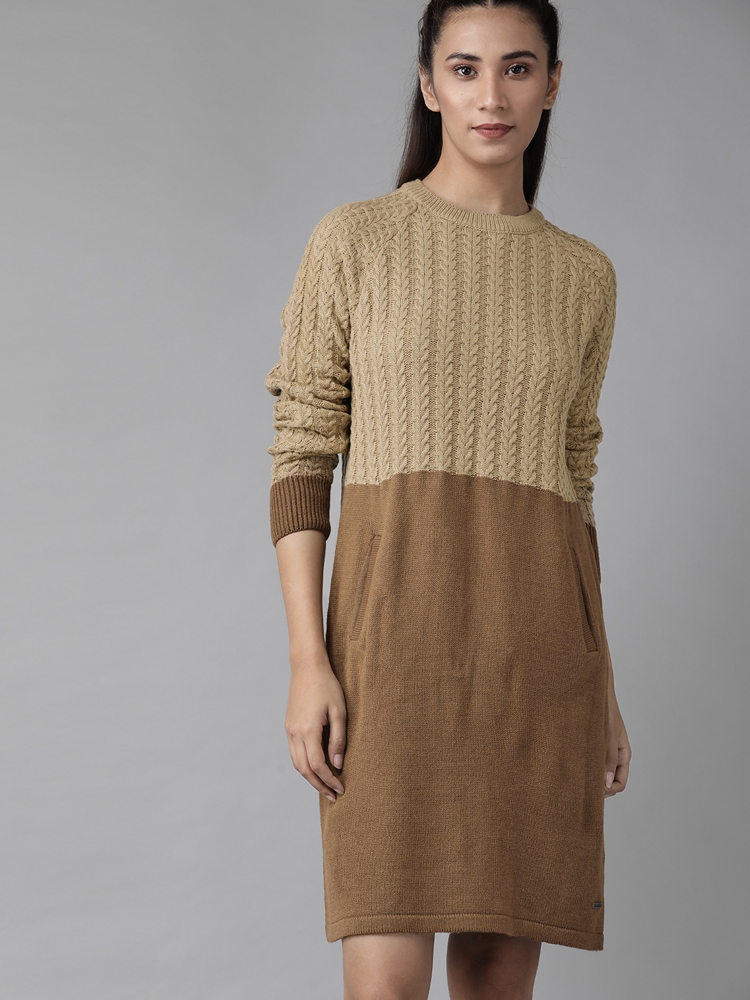 

Roadster Women Beige & Brown Colourblocked Cable Knitted Jumper Dress