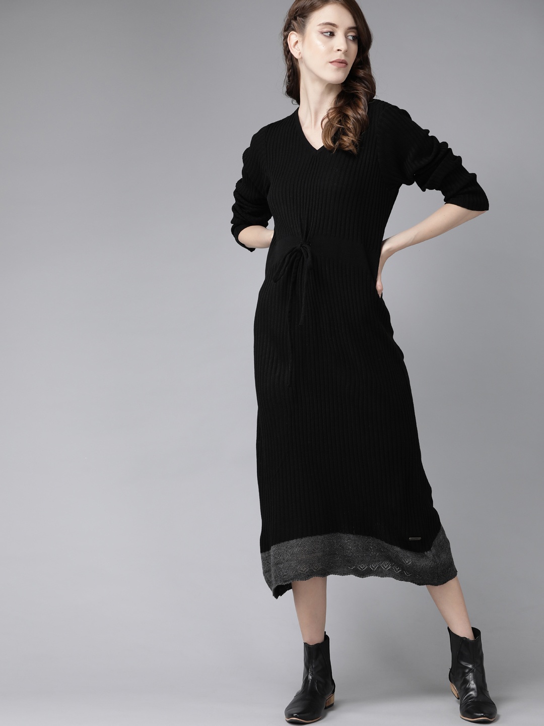 

Roadster Women Black Ribbed Jumper Dress