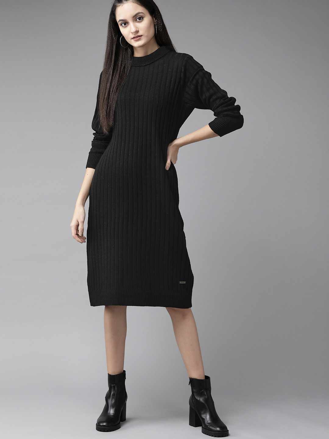 

Roadster Women Black Self-Striped Jumper Dress