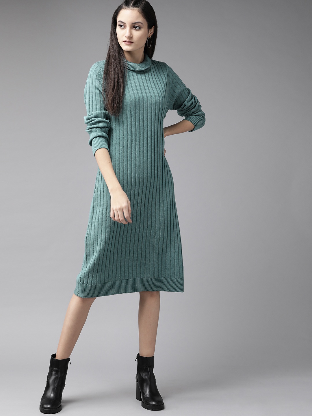 

Roadster Women Green Self Striped Jumper Dress
