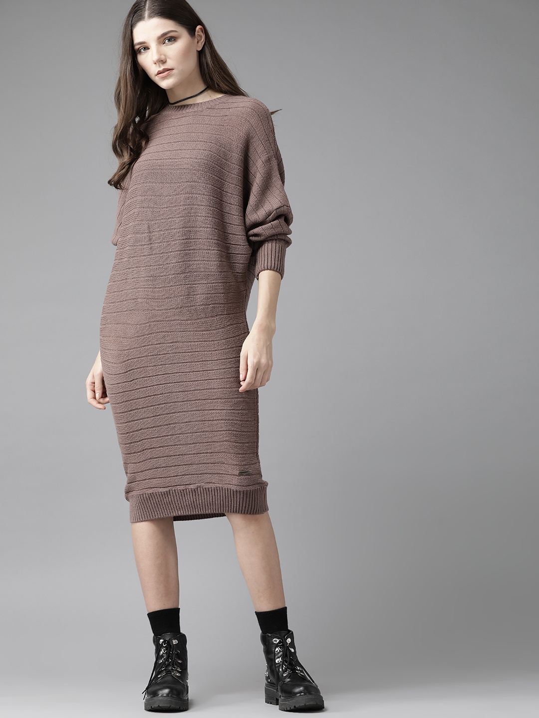 

Roadster Women Mauve Self Striped Jumper Dress