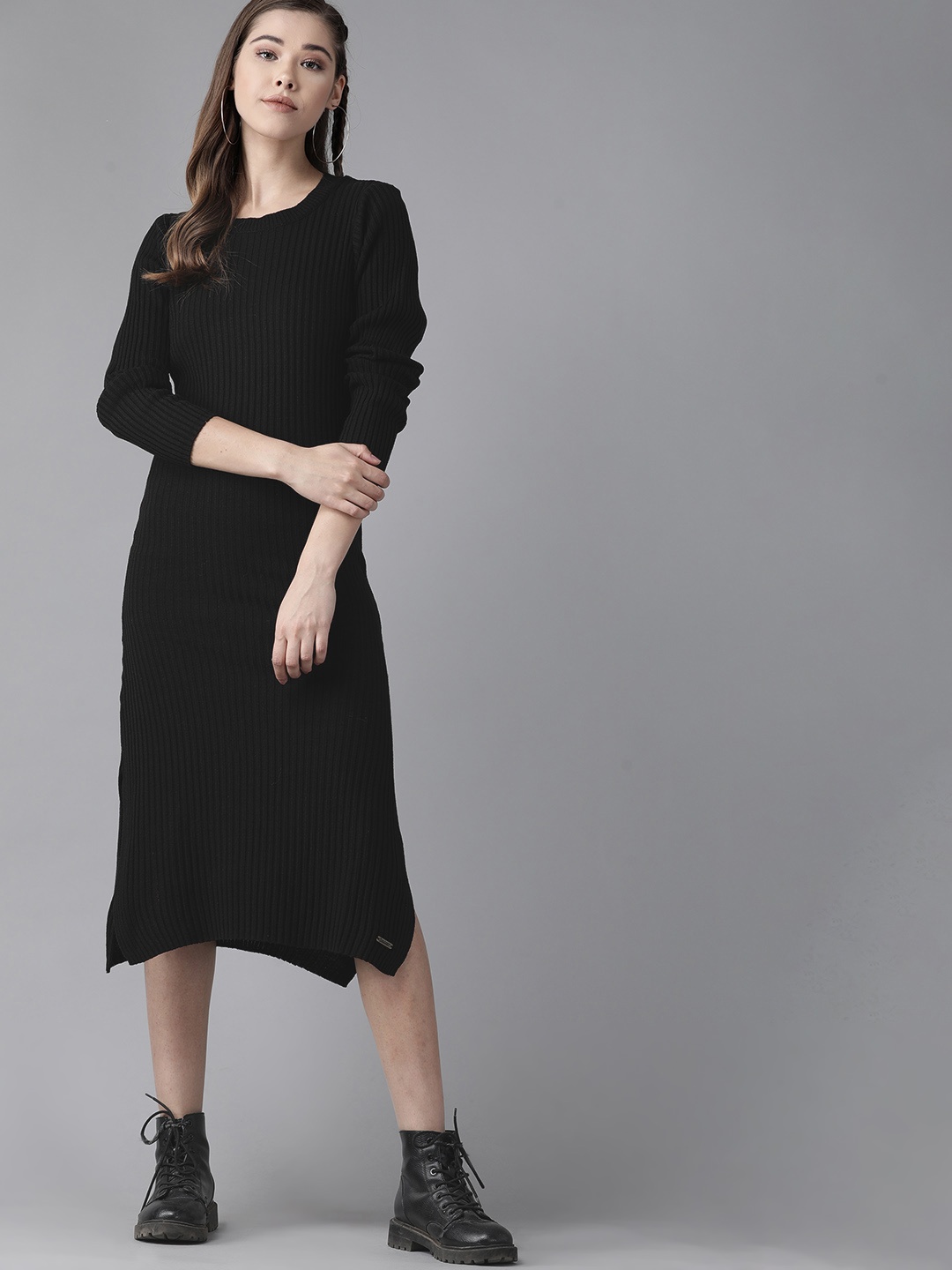 

Roadster Women Black Self Striped Sheath Dress