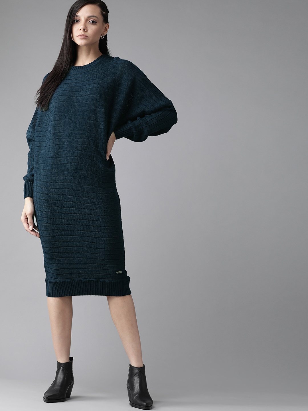 

Roadster Women Teal Blue Ribbed Jumper Dress