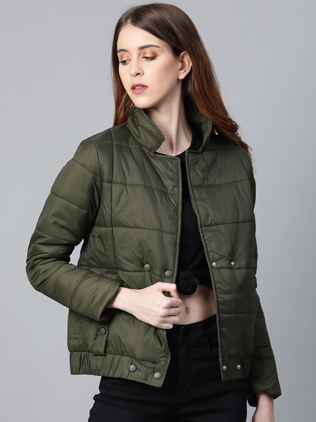 

Roadster Women Olive Green Solid Padded Jacket