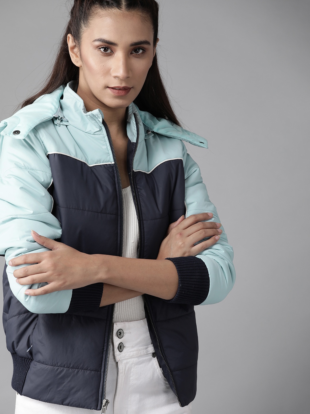 

Roadster Women Navy Blue Colourblocked Bomber Jacket