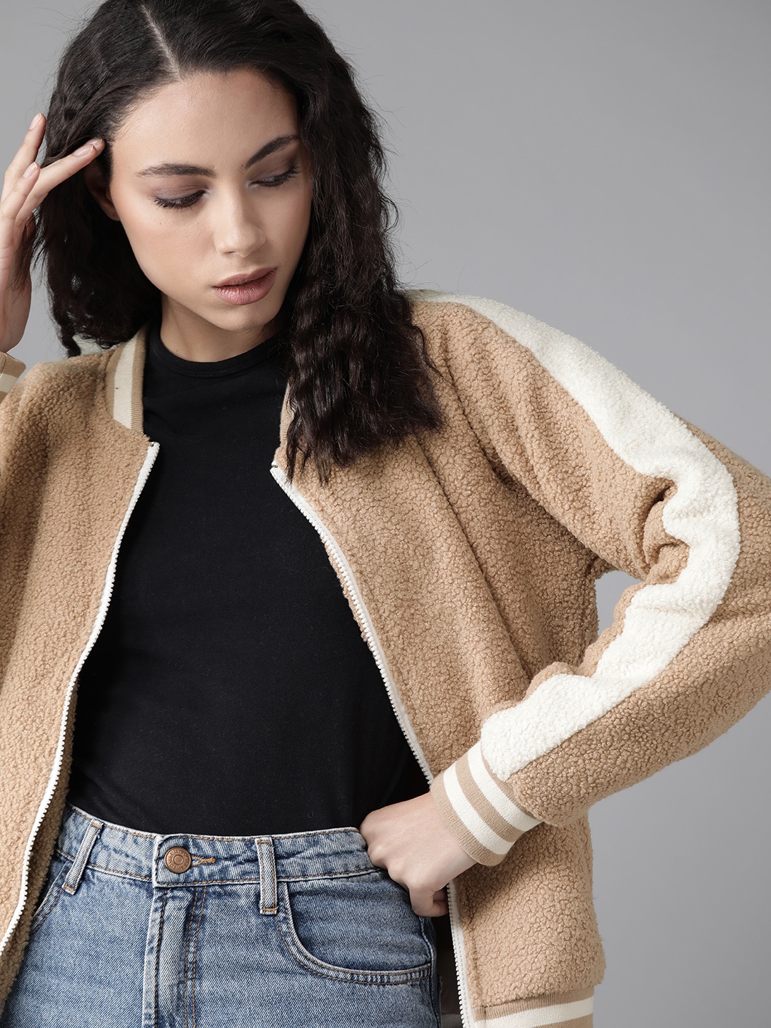 

Roadster Women Beige Solid Sherpa Bomber Jacket