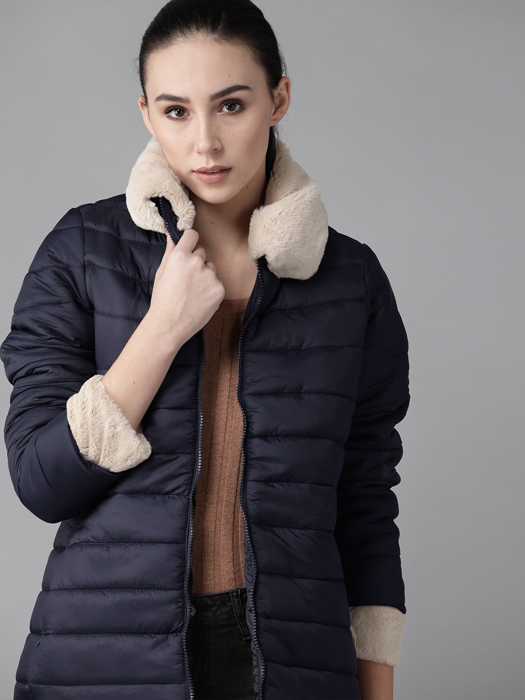 

Roadster Women Navy Blue Solid Parka Jacket