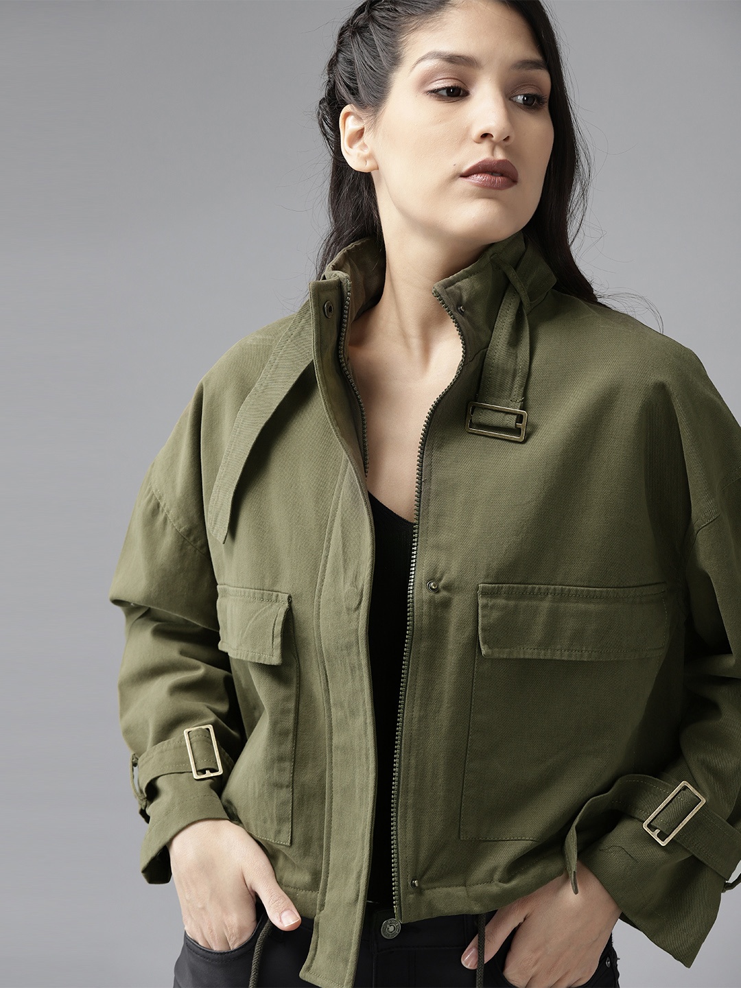 

Roadster Women Olive Green Solid Boxy Tailored Jacket