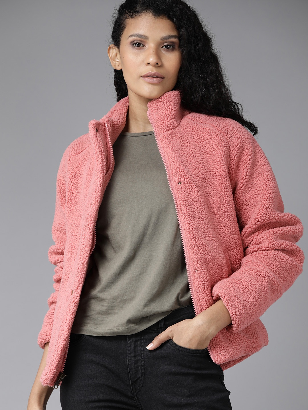 

Roadster Women Pink Solid Sherpa Jacket