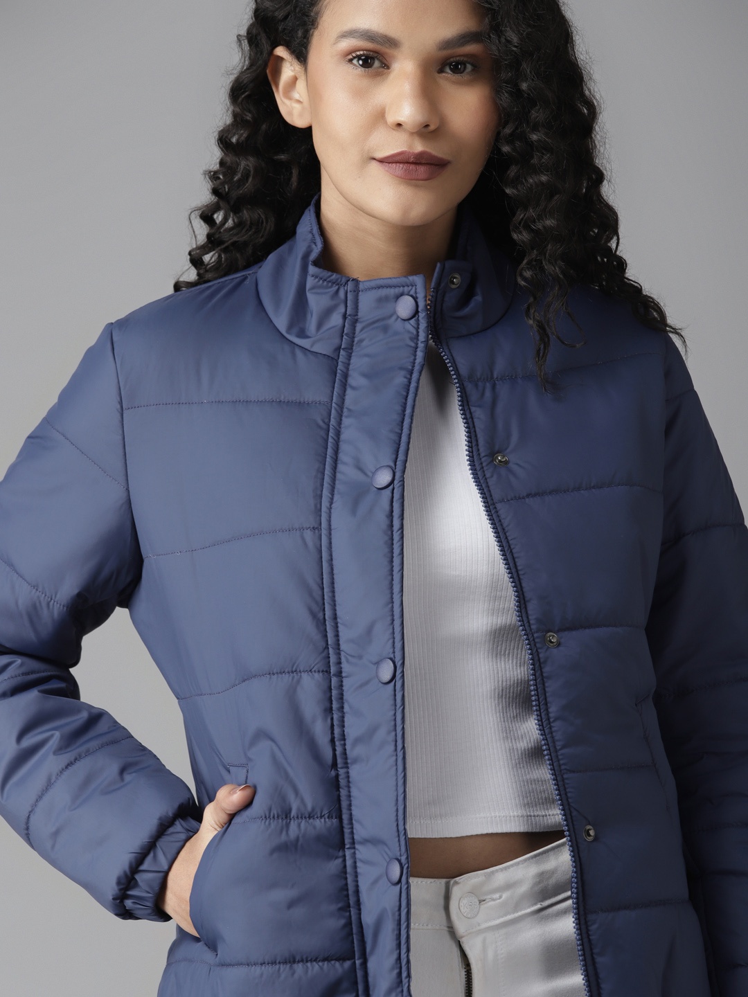 

Roadster Women Navy Blue Solid Padded Jacket