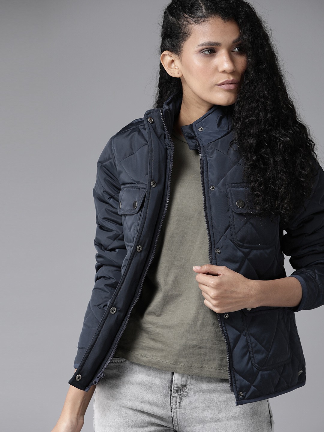 

Roadster Women Navy Blue Solid Quilted Jacket