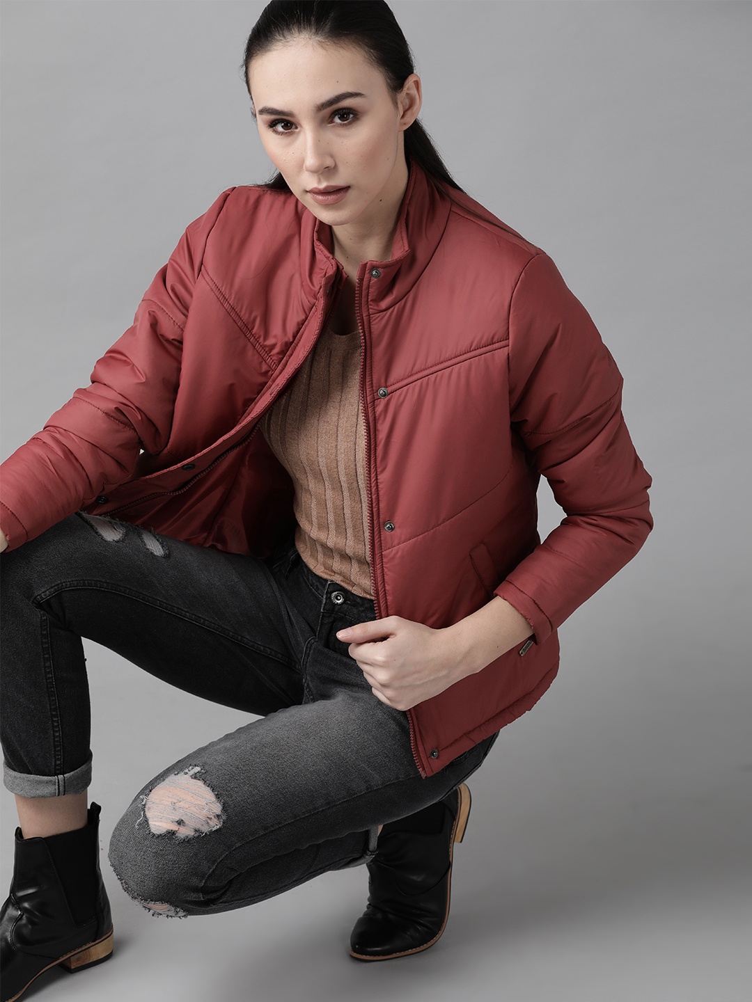 

Roadster Women Maroon Solid Padded Jacket