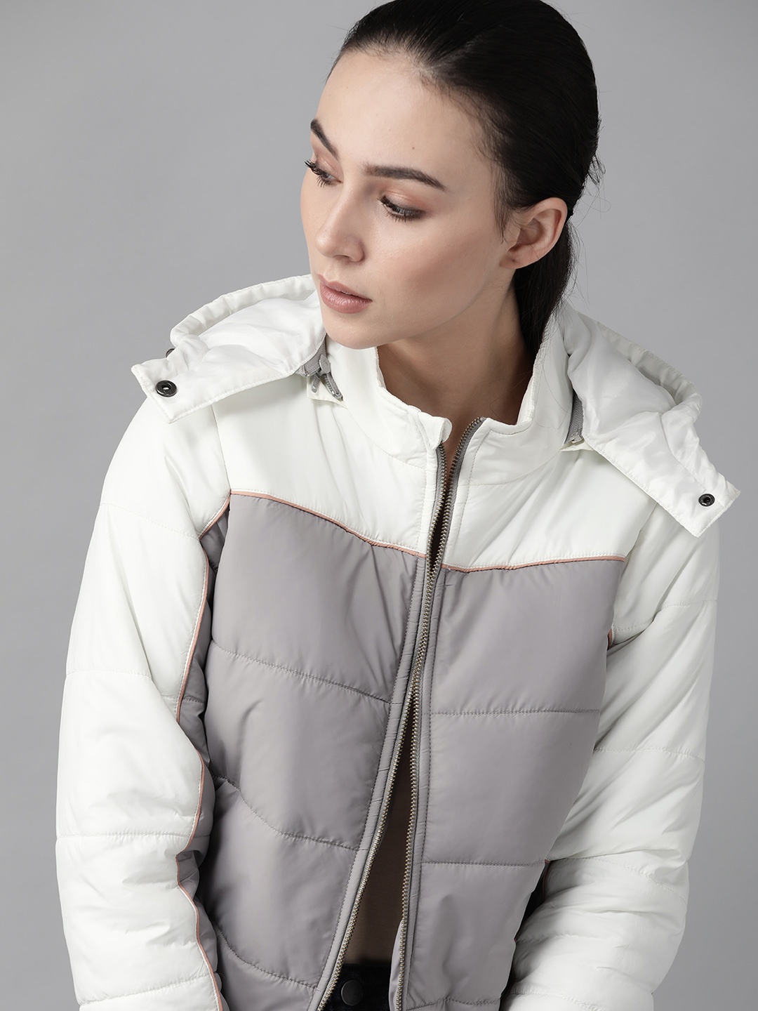

Roadster Women Grey & White Colourblocked Bomber Jacket