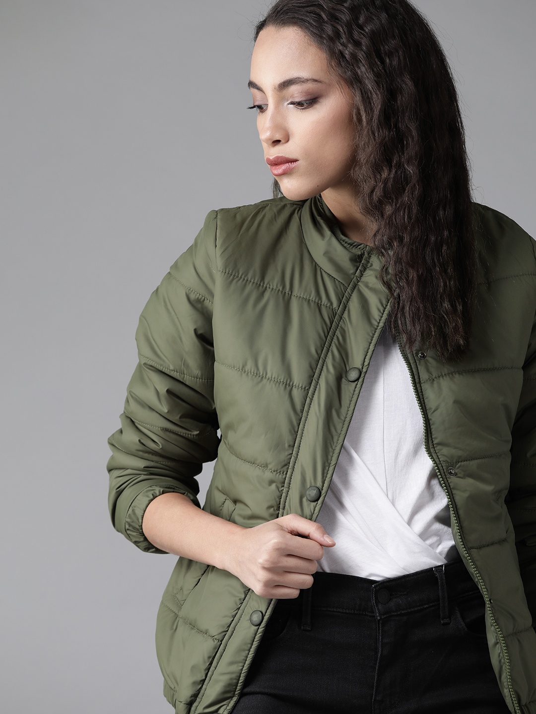 

Roadster Women Olive Green Solid Padded Jacket