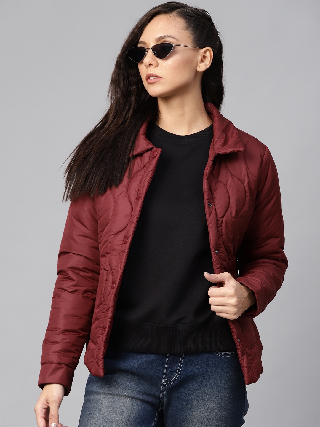

Roadster Women Burgundy Solid Padded Jacket