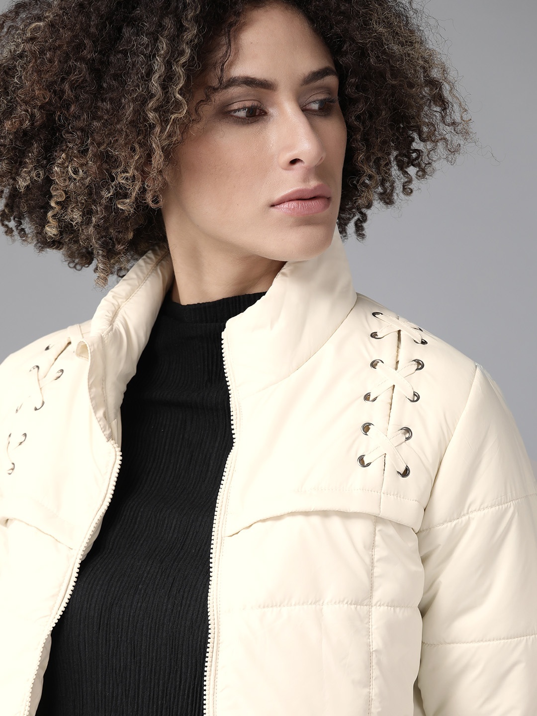 

Roadster Women Off-White Lace-Up Solid Padded Jacket