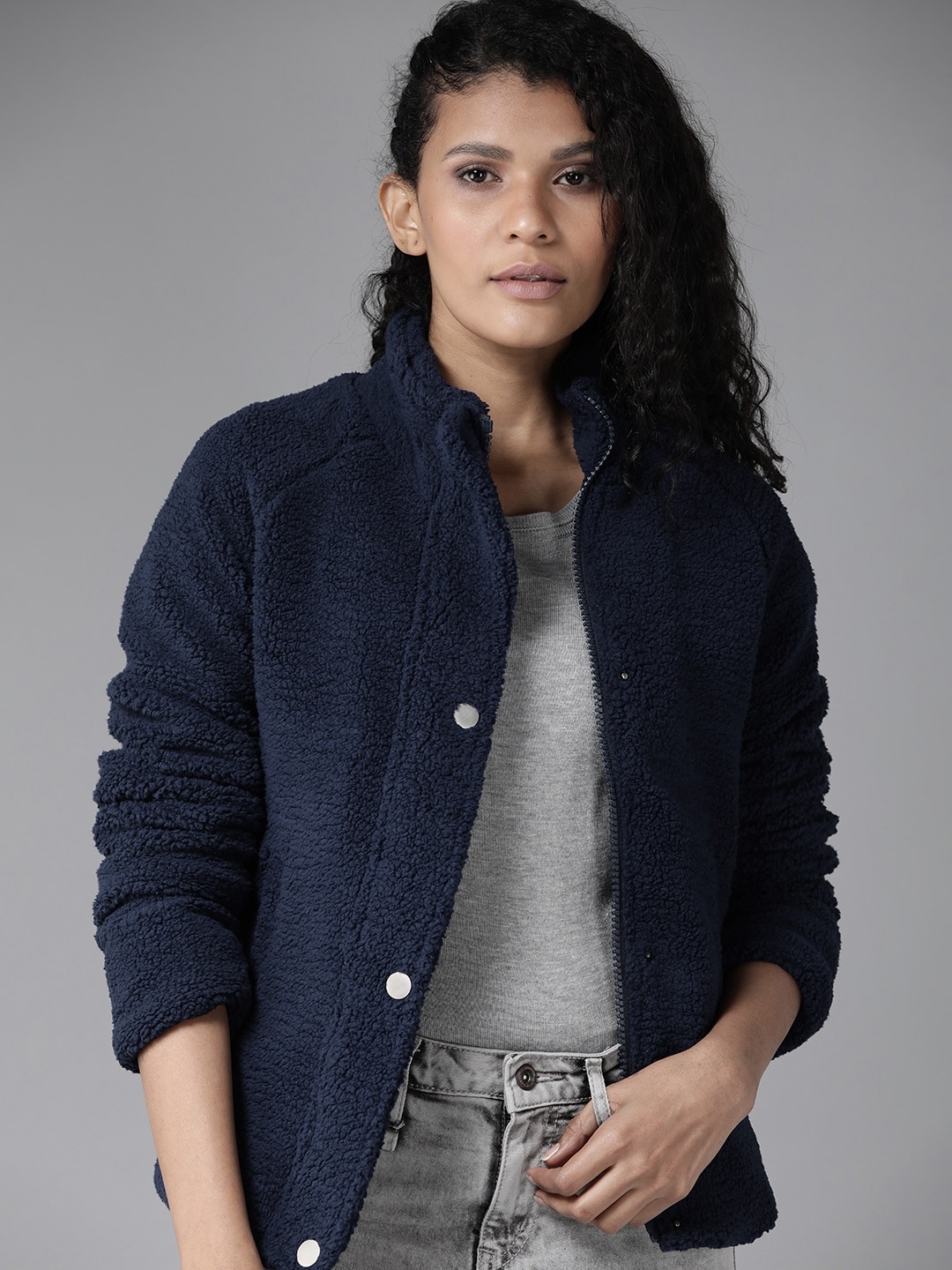 

Roadster Women Navy Blue Solid Sherpa Jacket