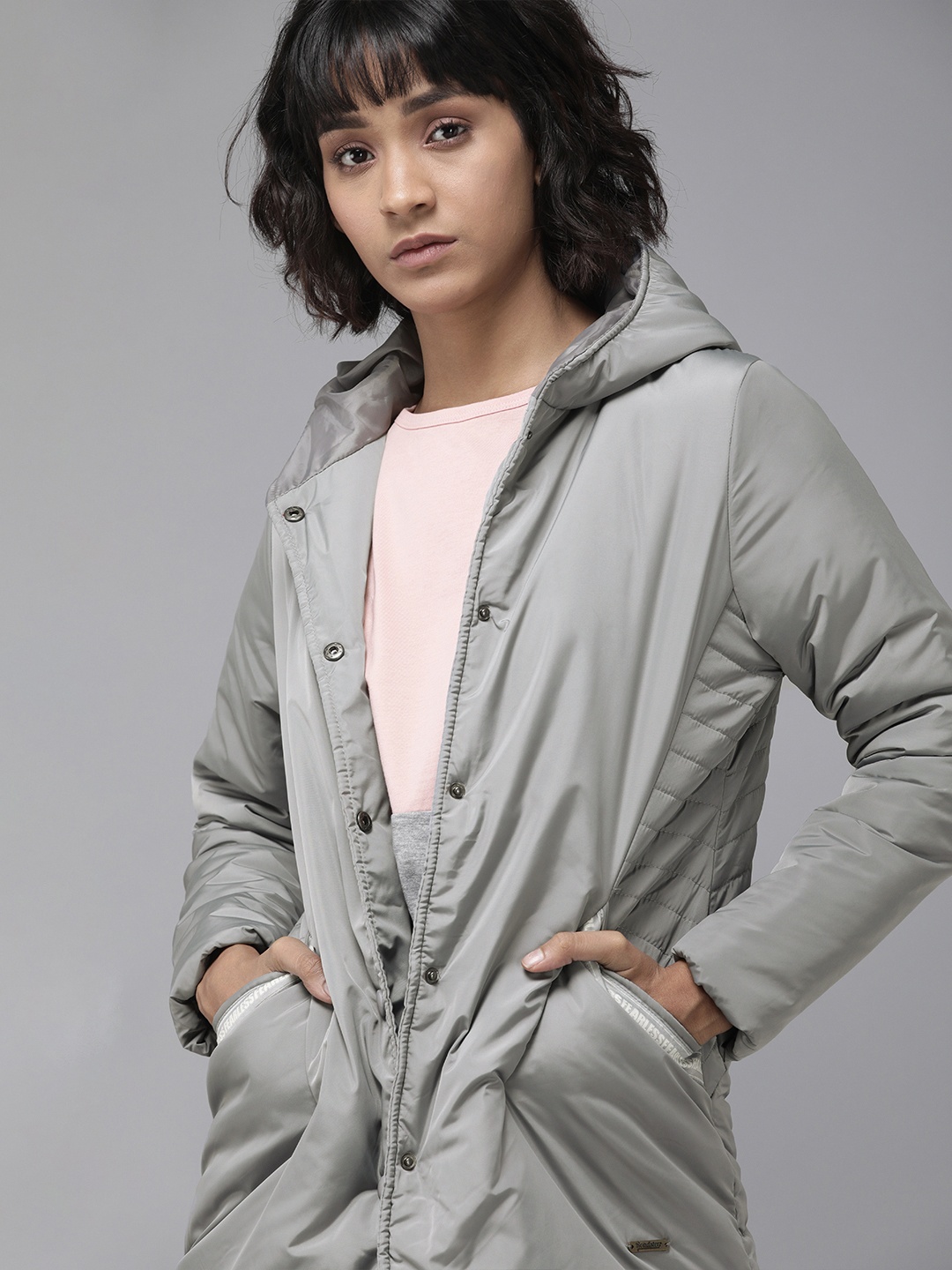 

Roadster Women Grey Solid Longline Padded Jacket