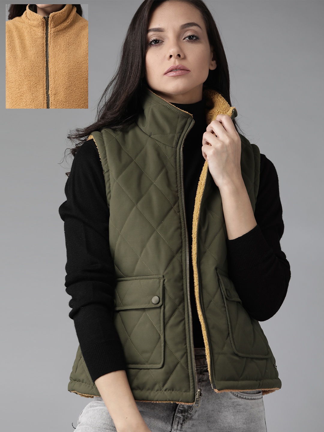

Roadster Women Olive Green & Mustard Yellow Sherpa Reversible Quilted Jacket