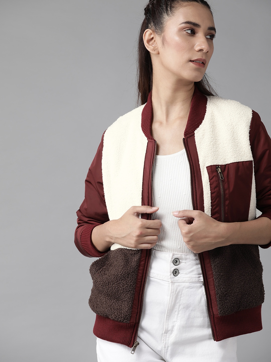 

Roadster Women Burgundy & White Colourblocked Bomber Jacket