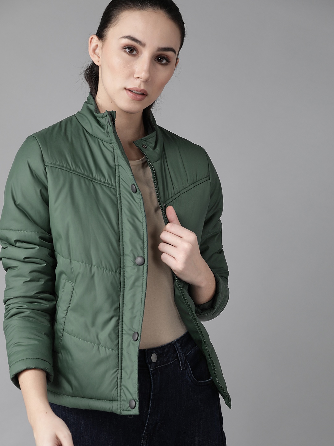 

Roadster Women Green Solid Padded Jacket