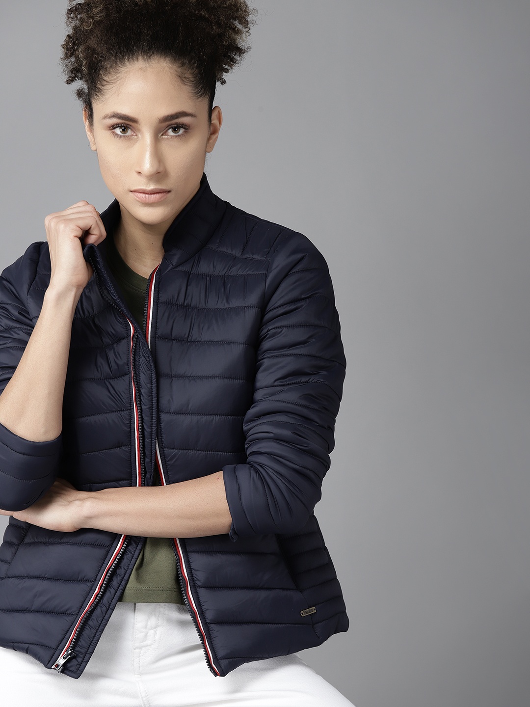 

Roadster Women Navy Blue Solid Puffer Jacket