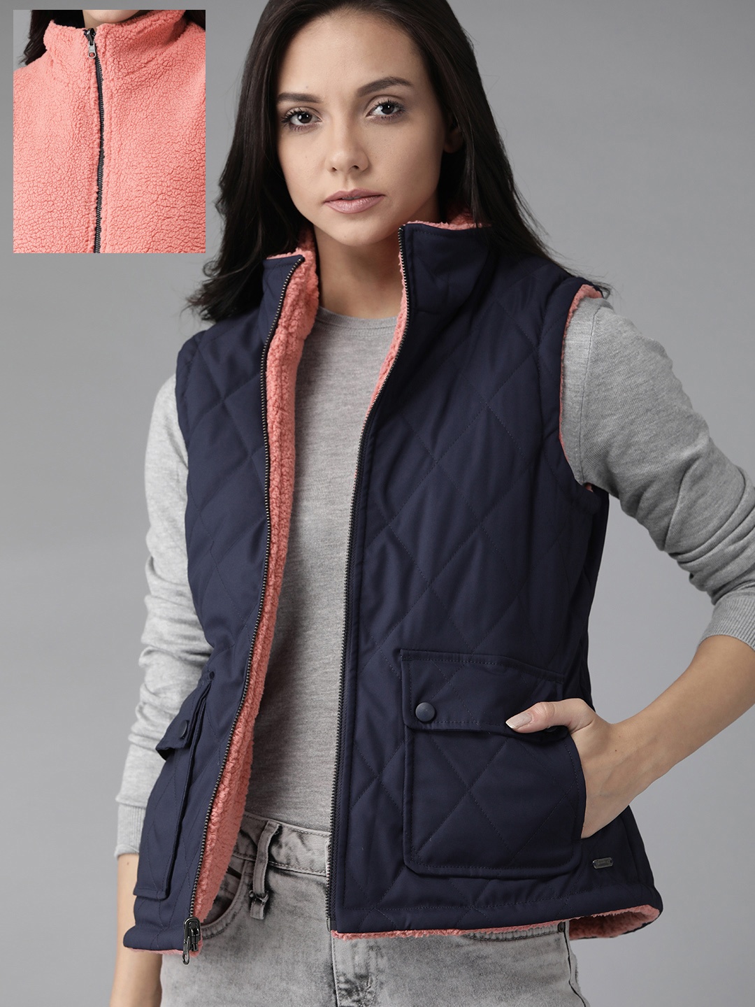 

Roadster Women Navy Blue & Pink Sherpa Reversible Quilted Jacket