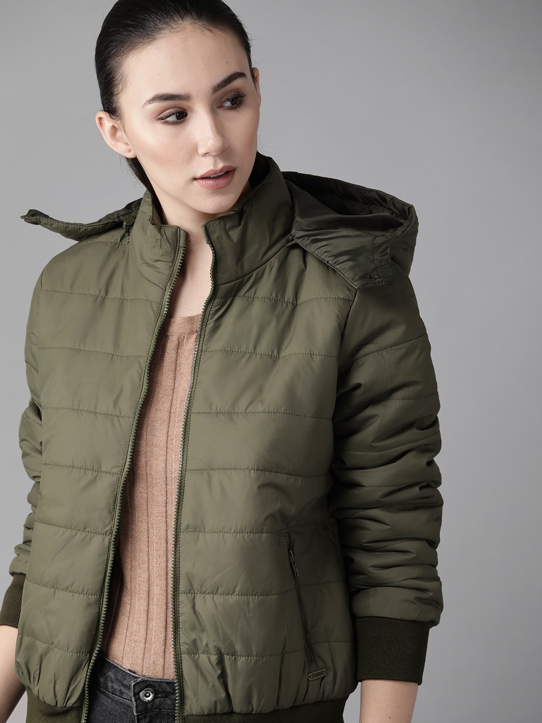 

Roadster Women Olive Green Solid Hooded Padded Jacket