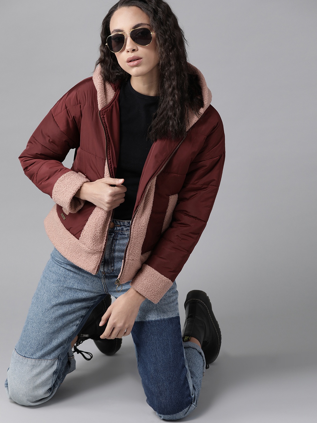 

Roadster Women Burgundy Solid Hooded Padded Jacket With Sherpa Detail