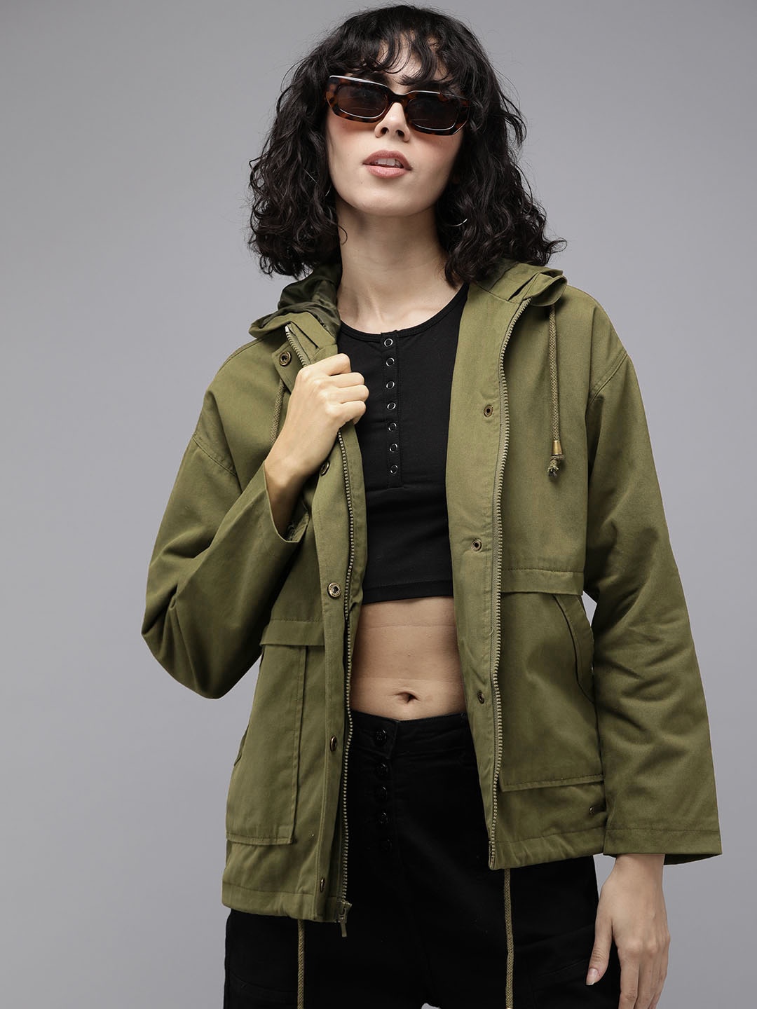 

Roadster Women Olive Green Solid Hooded Tailored Jacket