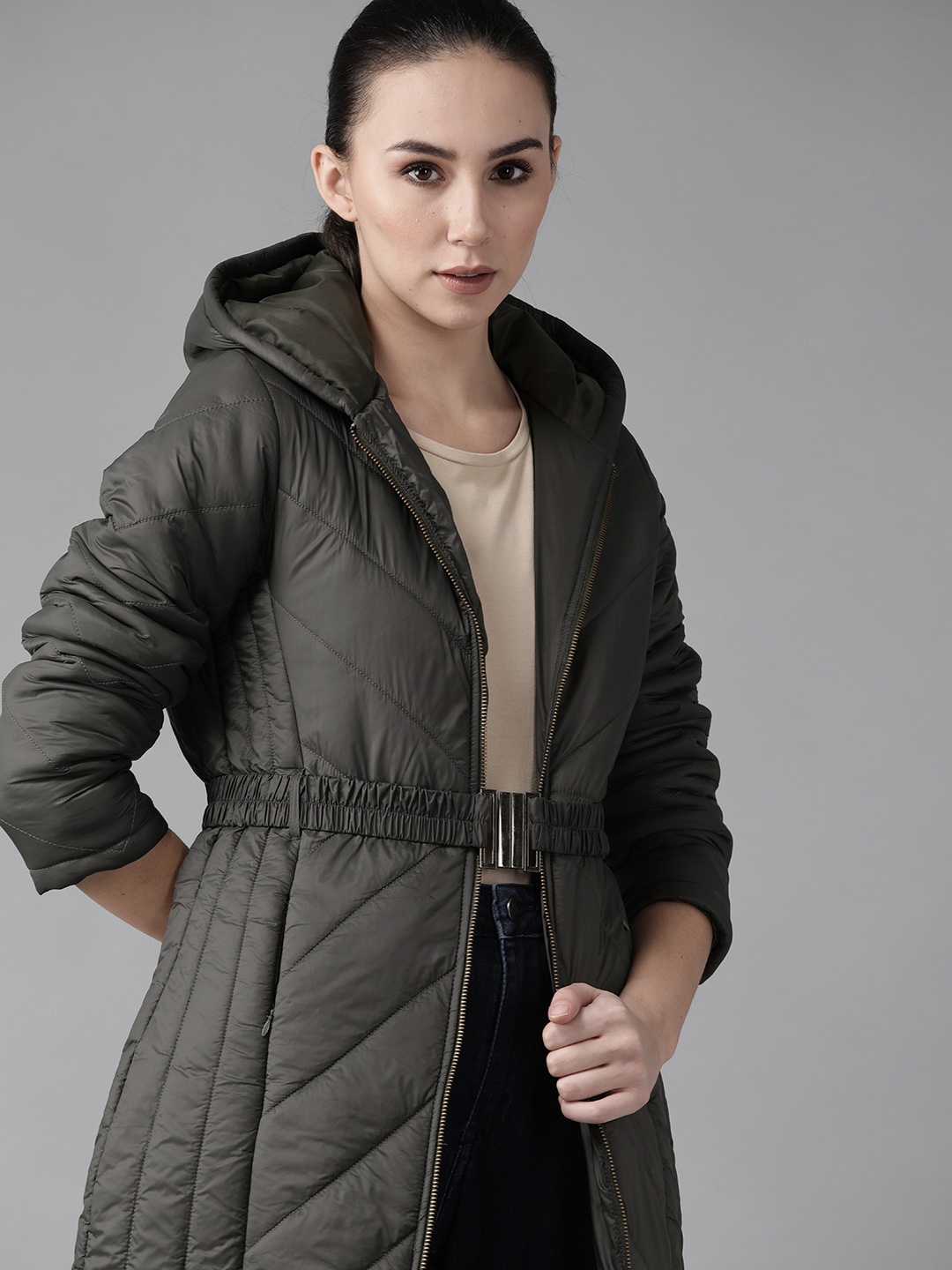 

Roadster Women Olive Green Solid Hooded Longline Padded Jacket, Black