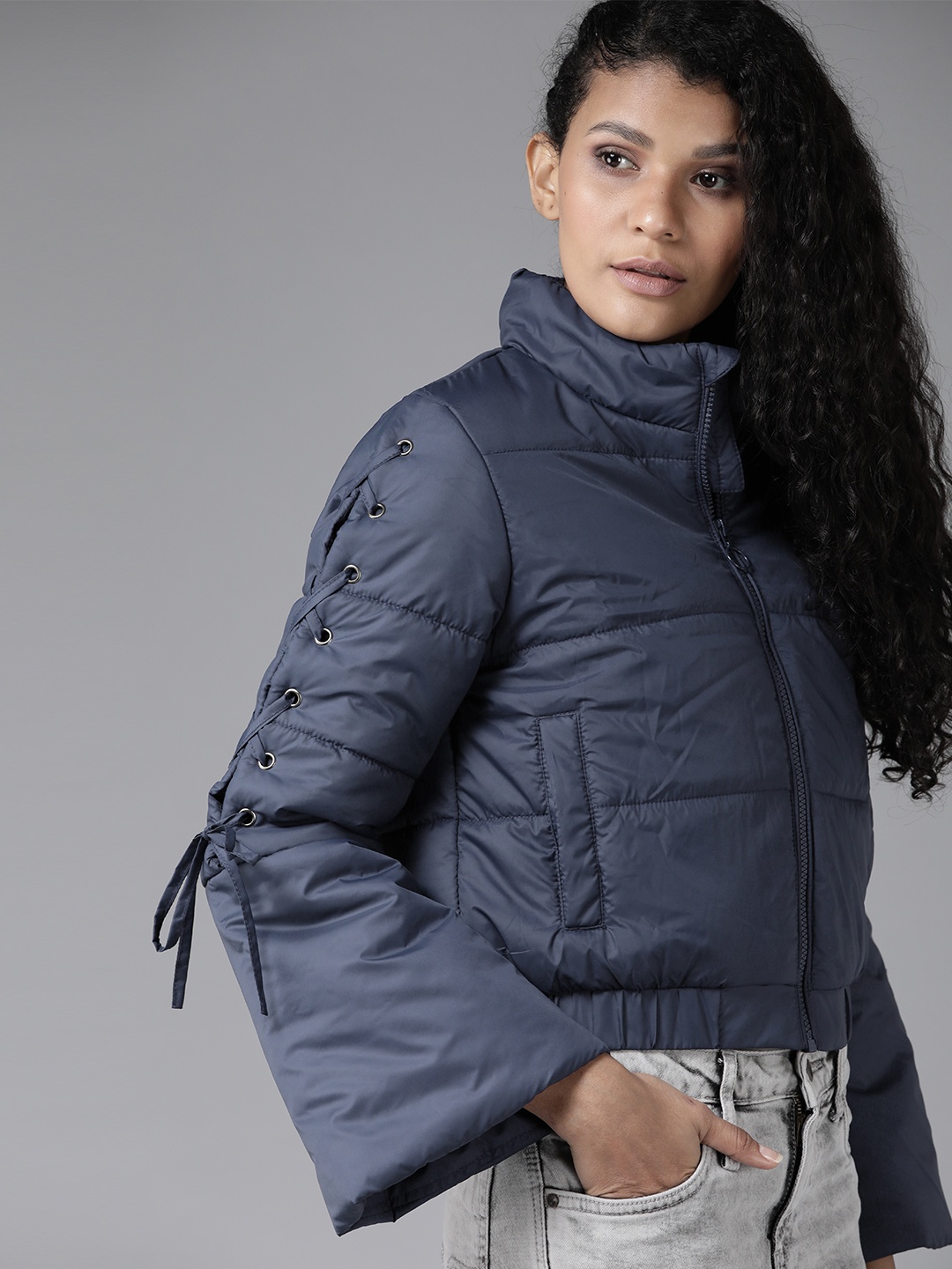 

Roadster Women Navy Blue Flared Sleeved Puffer Jacket