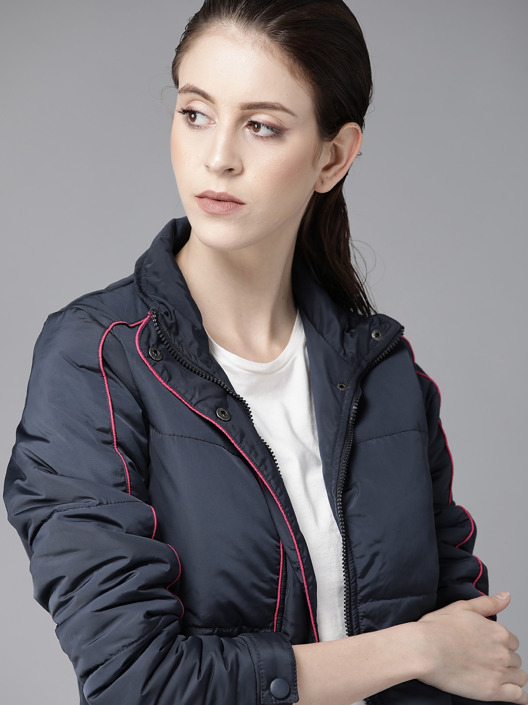 

Roadster Women Navy Blue Solid Padded Jacket