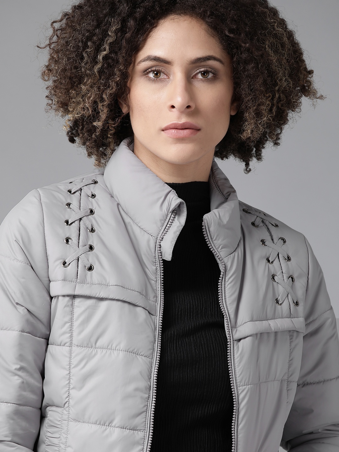

Roadster Women Grey Lace-Up Solid Padded Jacket